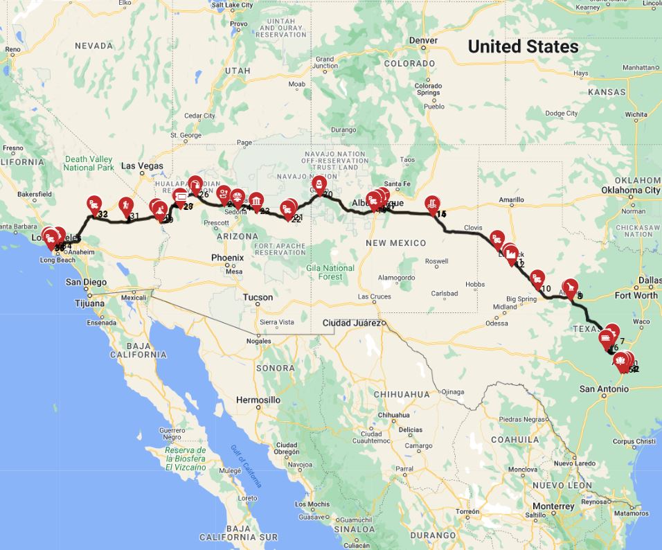 motorhome road trip with an RV a route from Austin to Los Angeles